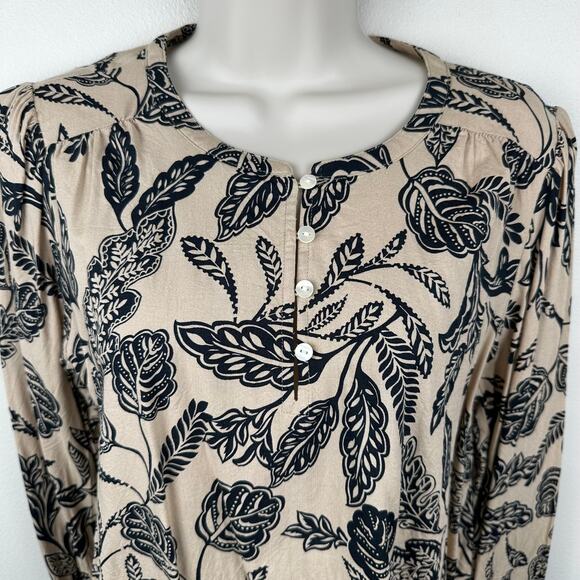Ann Taylor Floral Blouse Top Long Sleeve Buttons Tan Black Med Classic Peasant - Picture 2 of 10
